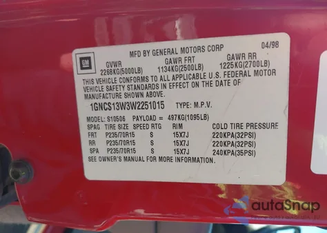 1998 Chevrolet Blazer Ls z USA, uszkodzony, nr VIN 1GNCS13W3W2251015